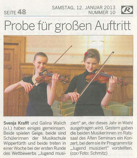 Quelle: Bergische Landeszeitung (Rundschau Wipperfürth und Lindlar, Ausgabe vom 12.01.2013) - Vorspiel Jugend musiziert 2013
